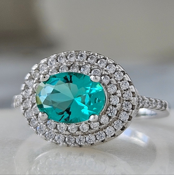 Double Halo Oval Turquoise Gemstone Ring, 925 Sterling Silver Charmed Aroma - Picture 5 of 8